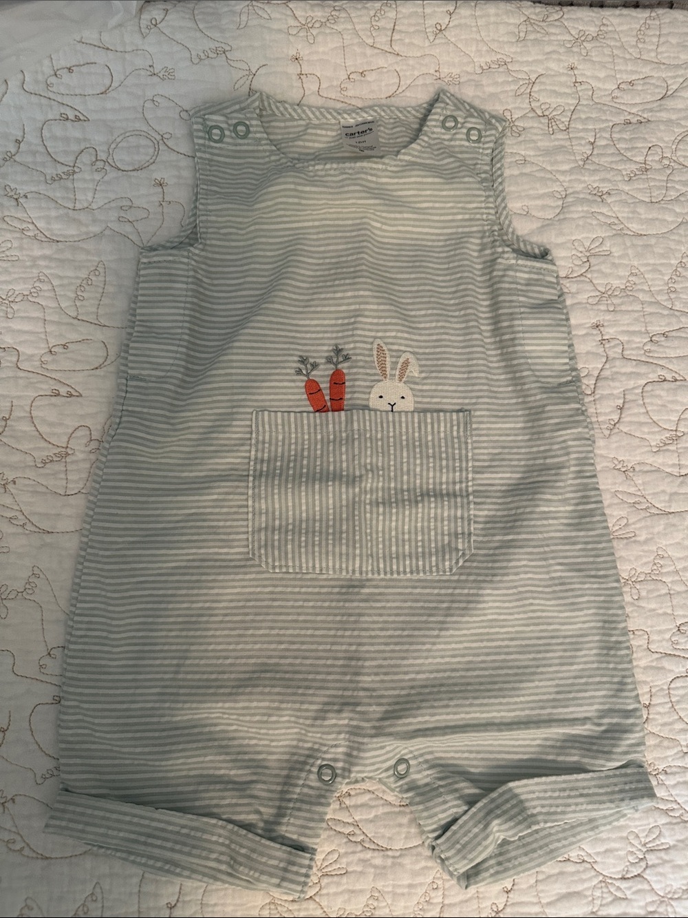 Carter's Mint Green Striped Bunny & Carrot Pocket Romper
